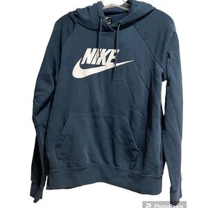 Nike Women's M Hoodie Navy White Swoosh Pullover Sweatshirt Drawstring